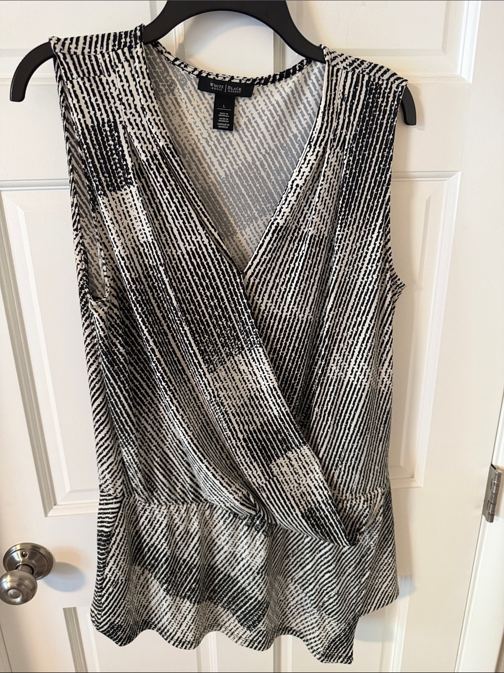 WHBM Black & White Asymmetrical Faux Wrap Peplum Blouse Large